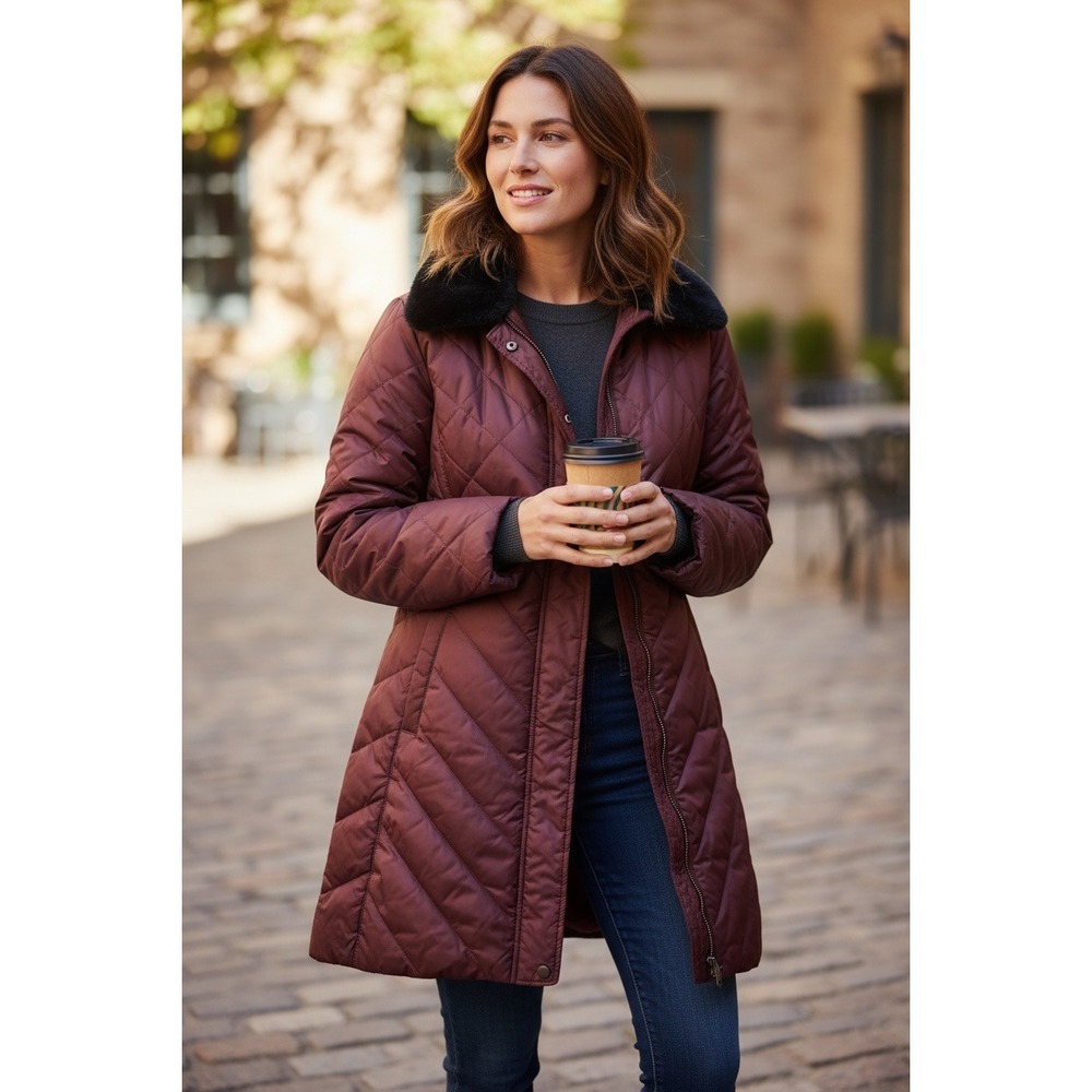 Marmot Quilted‎ Puffer Coat Burgundy Faux Fur Collar Full Zip Women L G